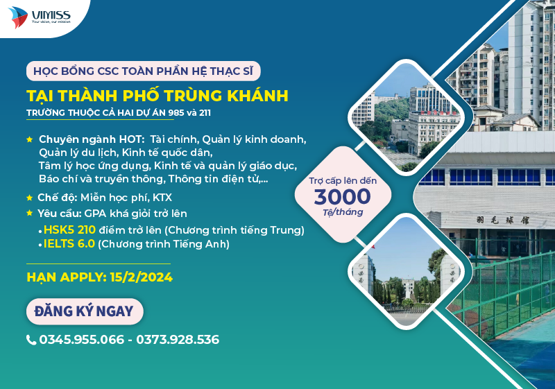 HỌC BỔNG CSC TOÀN PHẦN HỆ THẠC SĨ THÀNH PHỐ TRÙNG KHÁNH