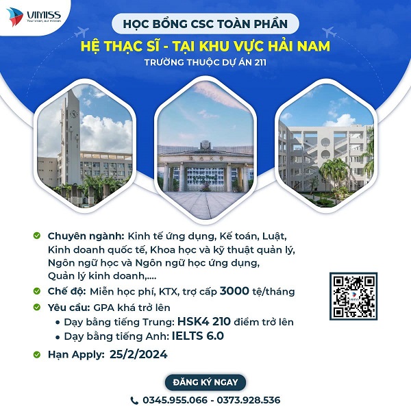 Học bổng CSC toàn phần hệ Thạc sĩ tại Hải Nam 2024