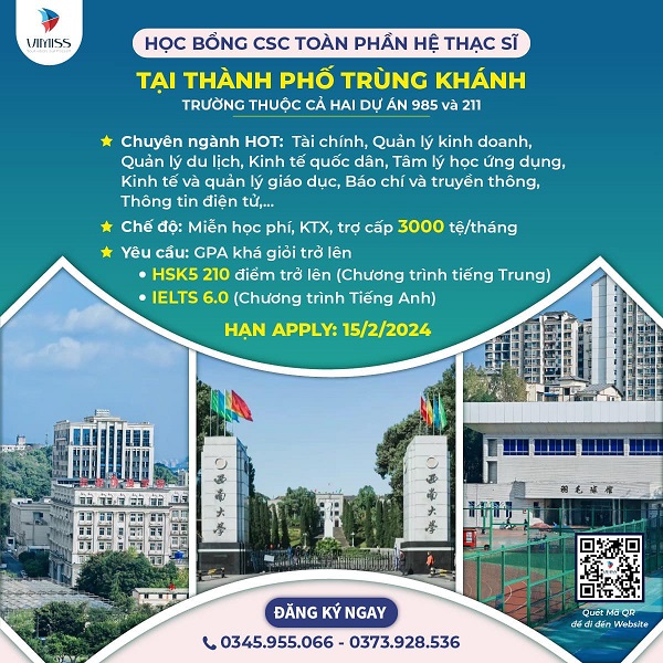 Học bổng CSC toàn phần năm 2024 tại Trùng Khánh