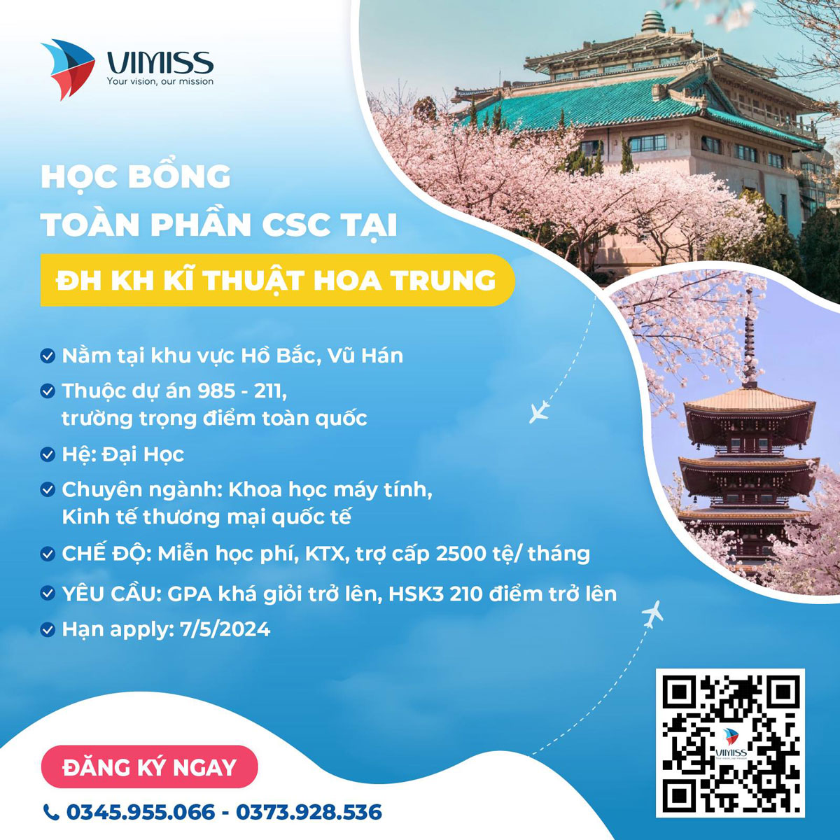 Học bổng toàn phần CSC tại Đại học Khoa học Kỹ thuật Hoa Trung chỉ cần HSK3
